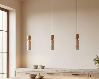 Lámpara colgante de piedra Japandi, lámpara colgante Wabi Sabi, detalles en madera natural.