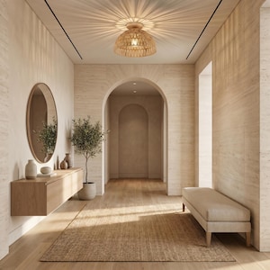 Wabi Sabi rotan plafondlamp, handgeweven bamboe inbouwverlichting, Japandi sfeerarmatuur