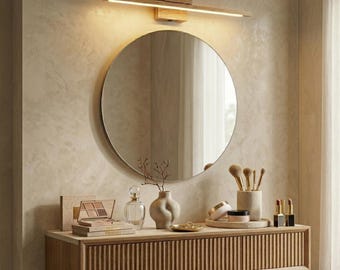 Lámpara de tocador minimalista de madera, aplique de baño moderno, luminaria LED cálida.