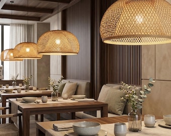 Lámpara colgante de bambú tejida a mano, lámpara colgante de ratán Wabi Sabi, luminaria de techo natural