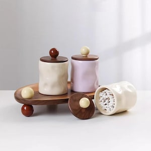 Modern Toothpick Holder with Clear Lid, Walnut Wood Lid Knob Cotton Swab Dispenser, Minimalist Desktop Organizer, Aesthetic Decor