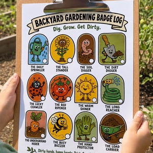 K&ouml;nnte beinhalten: Ein Holz-Klemmbrett mit einem Backyard Gardening Badge Log Blatt. Das Papier zeigt zw&ouml;lf bunte Cartoon-Illustrationen von Gartenartikeln und Insekten mit Beschriftungen wie The Daily Sprinkler, The Tall Stander und The Dirt Digger.