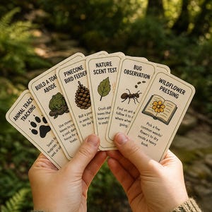 May include: A person holds a set of nature activity cards. The cards have illustrations and text for activities such as animal tracking, building a toad abode, and wildflower pressing. The cards are beige with black text and illustrations.