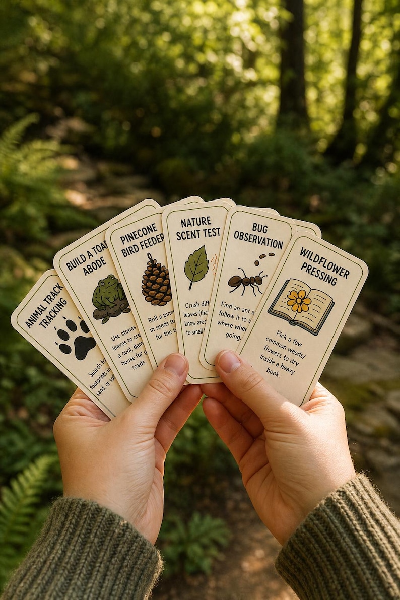 May include: A person holds a set of nature activity cards. The cards have illustrations and text for activities such as animal tracking, building a toad abode, and wildflower pressing. The cards are beige with black text and illustrations.