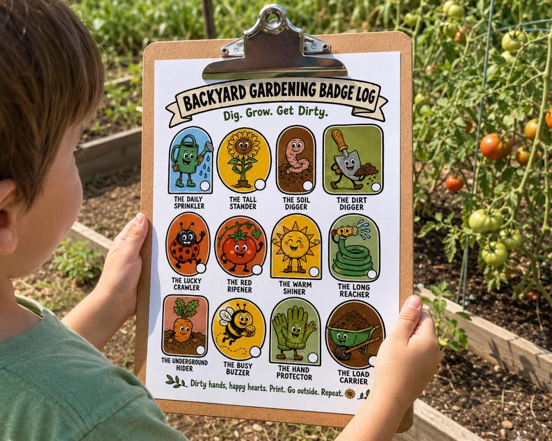 K&ouml;nnte beinhalten: Ein Holz-Klemmbrett mit einem Backyard Gardening Badge Log Blatt. Das Papier zeigt zw&ouml;lf bunte Cartoon-Illustrationen von Gartenartikeln und Insekten mit Beschriftungen wie The Daily Sprinkler, The Tall Stander und The Dirt Digger.