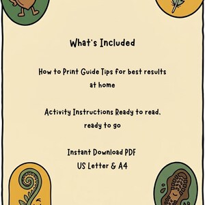 May include: A digital document with a cream background and black border featuring cartoon illustrations of an acorn, feather, fern, and footprint. The text reads: What's Included, How to Print Guide Tips for best results at home, Activity Instructions Ready to read, ready to go, Instant Download PDF US Letter & A4, Print. Go outside. Repeat.