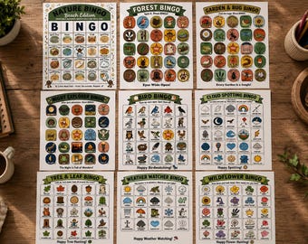 9 Nature Bingo Printables for Kids, Outdoor Scavenger Hunt Activity Bundle