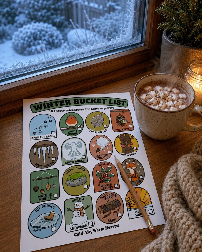 May include: A white paper sheet titled Winter Bucket List with 16 colorful circular and rectangular illustrations of seasonal activities. Each icon has a small checkbox. A wooden pencil rests on the paper next to a mug of hot cocoa with marshmallows.