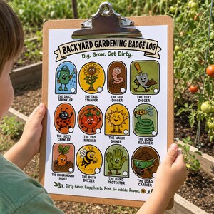 Puede incluir: Un portapapeles de madera con una hoja blanca titulada Backyard Gardening Badge Log con el subt&iacute;tulo Dig. Grow. Get Dirty. La hoja presenta doce ilustraciones coloridas de art&iacute;culos de jardiner&iacute;a e insectos, cada una con una casilla circular.