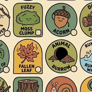 K&ouml;nnte beinhalten: Eine farbenfrohe Illustration mit Natur-Icons. Jedes Icon hat eine andere Form und Farbe, mit Textbeschriftungen wie "Spotted Mushroom", "Acorn" und "Fallen Leaf". Das Design hat einen spielerischen, cartoonartigen Stil.