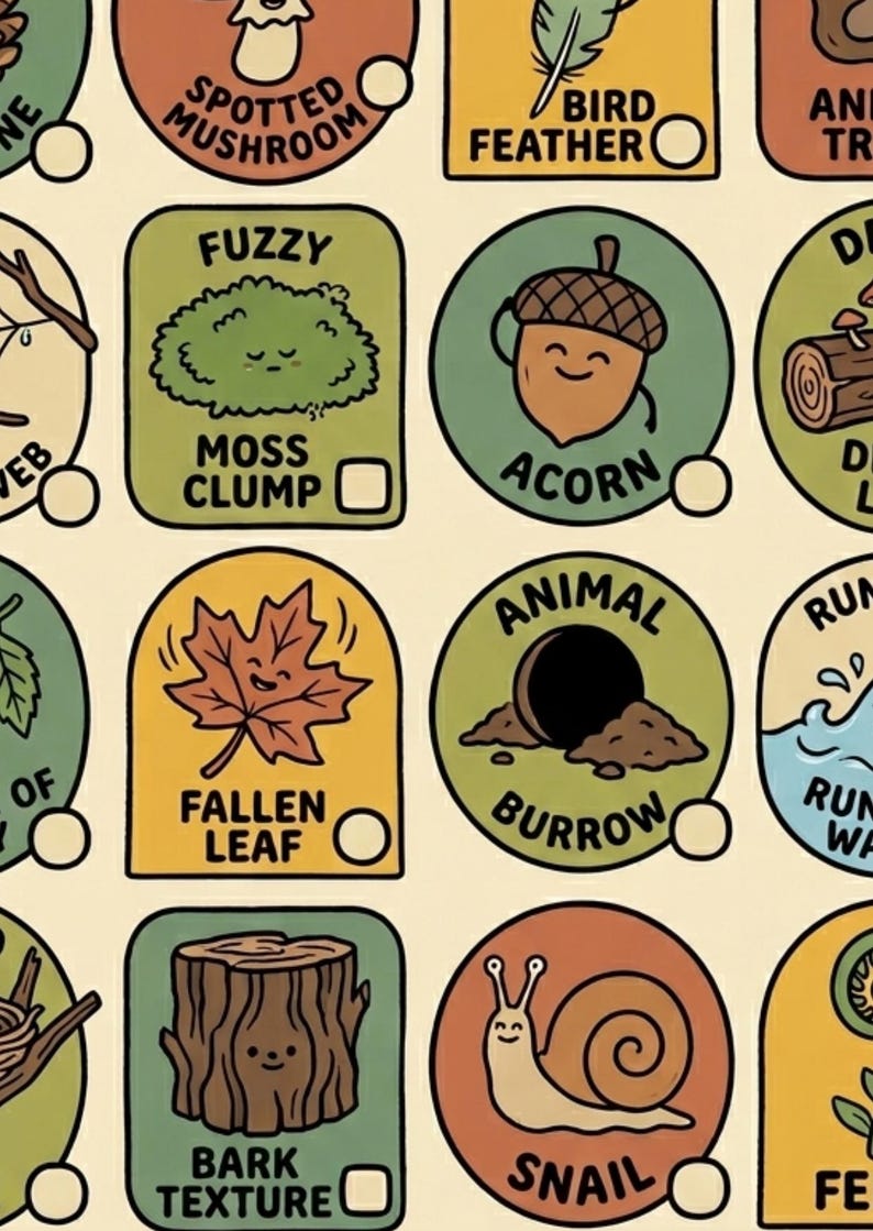 K&ouml;nnte beinhalten: Eine farbenfrohe Illustration mit Natur-Icons. Jedes Icon hat eine andere Form und Farbe, mit Textbeschriftungen wie "Spotted Mushroom", "Acorn" und "Fallen Leaf". Das Design hat einen spielerischen, cartoonartigen Stil.