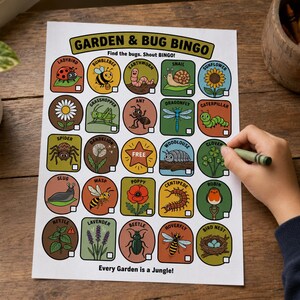 May include: A Garden & Bug Bingo game sheet featuring a grid of colorful illustrations of insects, plants, and garden items. Each square includes a name and a small checkbox. The title reads Garden & Bug Bingo and the bottom text says Every Garden is a Jungle!