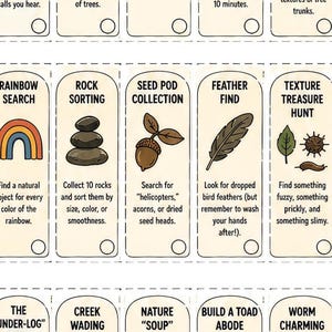 May include: Illustrated cards with nature-based activities. Each card suggests a different outdoor pursuit, including bird watching, tree identification, and rock sorting. The cards are designed for educational and recreational use.
