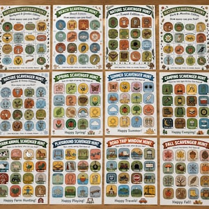Puede incluir: Una colecci&oacute;n de doce hojas de actividades rectangulares de b&uacute;squeda del tesoro con ilustraciones en cuadr&iacute;cula coloridas para varios temas, incluyendo naturaleza, estaciones, camping, animales de granja, parques y viajes por carretera.