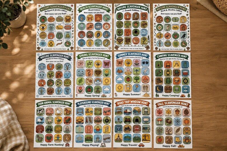 Puede incluir: Una colecci&oacute;n de doce hojas de actividades rectangulares de b&uacute;squeda del tesoro con ilustraciones en cuadr&iacute;cula coloridas para varios temas, incluyendo naturaleza, estaciones, camping, animales de granja, parques y viajes por carretera.