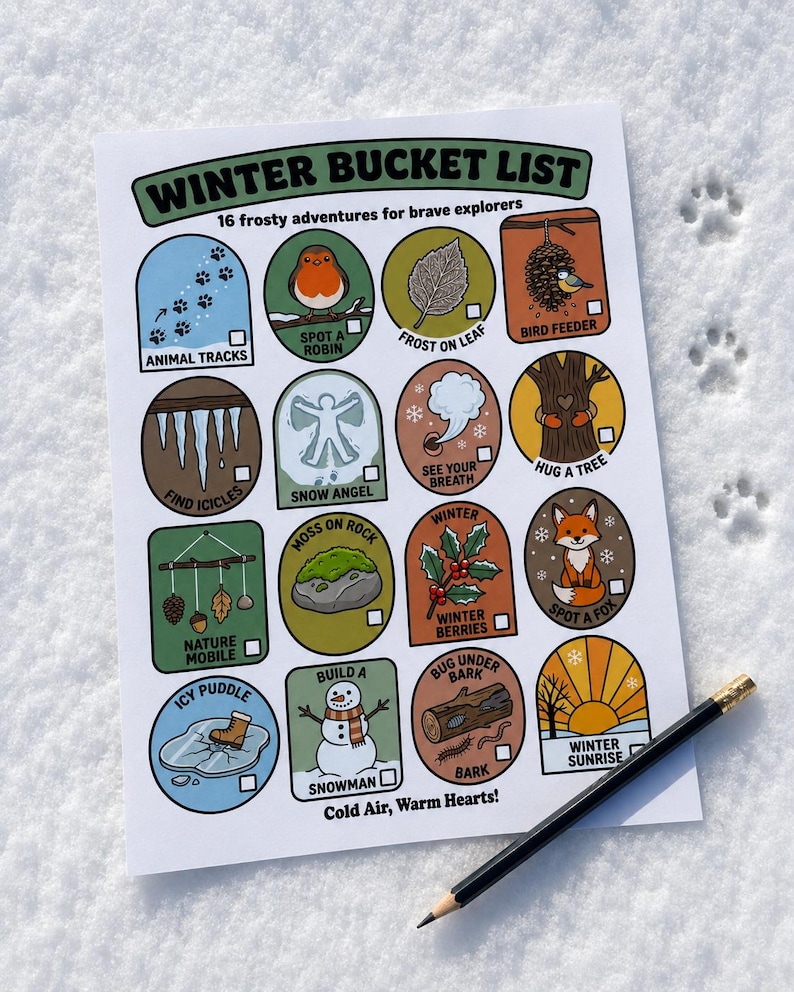 May include: A white paper sheet titled Winter Bucket List with 16 colorful illustrated icons depicting seasonal activities like animal tracks, a robin, a snowman, and a fox. Each icon has a checkbox. The text reads Cold Air, Warm Hearts! A pencil lies nearby.