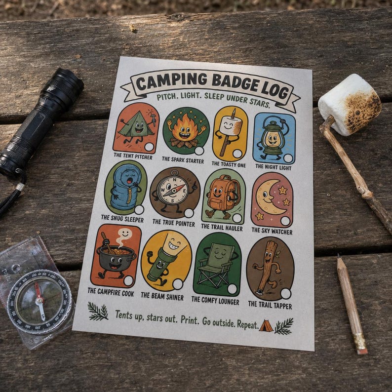 Puede incluir: Una l&aacute;mina Camping Badge Log con doce iconos ilustrados con caras sonrientes, incluyendo una tienda de campa&ntilde;a, hoguera, malvavisco, linterna, saco de dormir, br&uacute;jula, mochila, luna, olla, linterna, silla y un palo, con el texto Camping Badge Log.