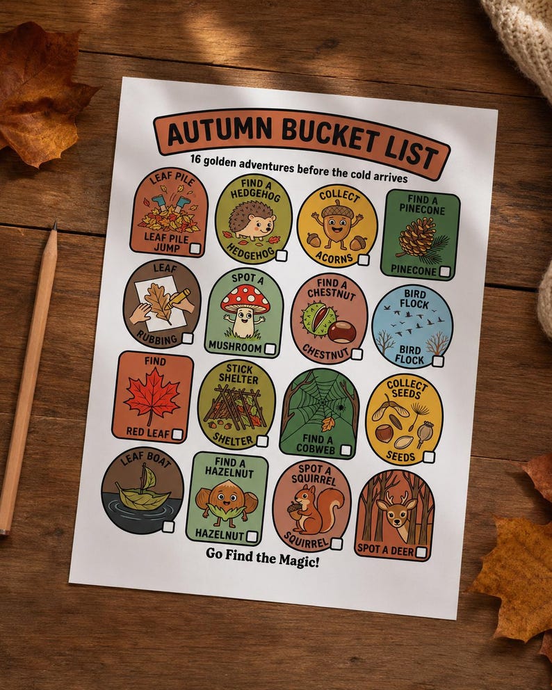 Może przedstawiać: Biała kartka papieru z tytułem Autumn Bucket List zawierająca 16 kolorowych okrągłych i prostokątnych ikon przedstawiających zajęcia sezonowe, takie jak skakanie w liście, szukanie jeża, zbieranie żołędzi i obserwowanie jelenia, z polami wyboru.