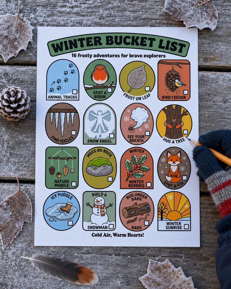 May include: A white paper sheet titled Winter Bucket List with 16 colorful circular and rectangular icons depicting frosty activities like animal tracks, a robin, snow angels, and a snowman, each with a small checkbox for tracking progress.