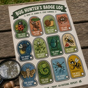 Puede incluir: Una hoja de actividades Bug Hunter's Badge Log con doce insignias de insectos ilustradas con t&iacute;tulos como The Spot Counter, The Tiny Lifter y The Buzz Worker. El papel incluye una lupa y dos bellotas colocadas a un lado.