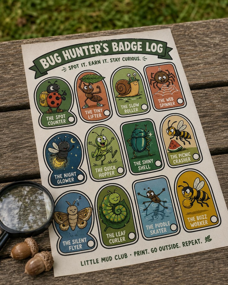 Puede incluir: Una hoja de actividades Bug Hunter's Badge Log con doce insignias de insectos ilustradas con t&iacute;tulos como The Spot Counter, The Tiny Lifter y The Buzz Worker. El papel incluye una lupa y dos bellotas colocadas a un lado.
