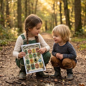 K&ouml;nnte beinhalten: Zwei Kinder in einem Wald betrachten ein "Natur-Schnitzeljagd"-Poster. Das Poster zeigt farbenfrohe Illustrationen von Dingen, die in der Natur gefunden werden k&ouml;nnen. Die Kinder hocken auf einem schlammigen Pfad, umgeben von B&auml;umen und Herbstlaub.