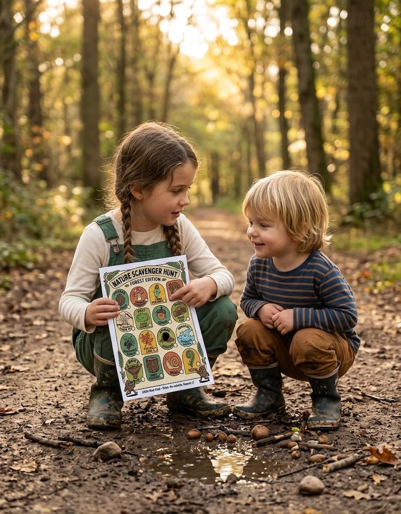 K&ouml;nnte beinhalten: Zwei Kinder in einem Wald betrachten ein "Natur-Schnitzeljagd"-Poster. Das Poster zeigt farbenfrohe Illustrationen von Dingen, die in der Natur gefunden werden k&ouml;nnen. Die Kinder hocken auf einem schlammigen Pfad, umgeben von B&auml;umen und Herbstlaub.