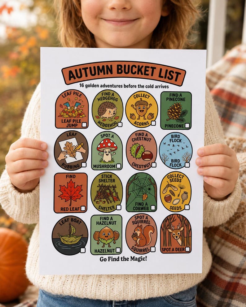 Może przedstawiać: Biała kartka papieru z tytułem AUTUMN BUCKET LIST i podtytułem 16 golden adventures before the cold arrives. Zawiera szesnaście kolorowych okrągłych i prostokątnych ikon przedstawiających jesienne zajęcia, takie jak skakanie w liście i szukanie żołędzi.