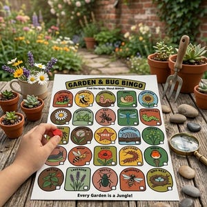 May include: A Garden & Bug Bingo game sheet featuring colorful illustrations of insects and plants with the text Garden & Bug Bingo, Find the bugs. Shout BINGO!, and Every Garden is a Jungle!. The grid includes a ladybird, bee, worm, snail, sunflower, grasshopper, ant, dragonfly, caterpillar, spider, dandelion, woodlouse, clover, slug, wasp, poppy, centipede, robin, nettle, lavender, beetle, hoverfly, and bird nest.