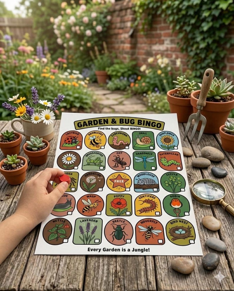 May include: A Garden & Bug Bingo game sheet featuring colorful illustrations of insects and plants with the text Garden & Bug Bingo, Find the bugs. Shout BINGO!, and Every Garden is a Jungle!. The grid includes a ladybird, bee, worm, snail, sunflower, grasshopper, ant, dragonfly, caterpillar, spider, dandelion, woodlouse, clover, slug, wasp, poppy, centipede, robin, nettle, lavender, beetle, hoverfly, and bird nest.