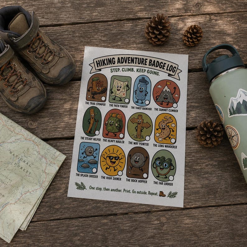 Puede incluir: Una hoja de papel blanca titulada Hiking Adventure Badge Log con el texto Step. Climb. Keep Going. Presenta doce ilustraciones de dibujos animados coloridos de equipo de senderismo y elementos naturales, cada una con una casilla circular.