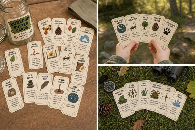 May include: A set of nature-themed activity cards with illustrations and text, including a jar labelled "Boredom Buster Cards." The cards feature activities like "Butterfly Count," "Ant Trail Tracking," and "Rock Sorting."