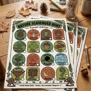 Puede incluir: Una hoja de actividades Nature Scavenger Hunt Forest Edition con una cuadr&iacute;cula de diecis&eacute;is elementos ilustrados para encontrar, incluyendo una pi&ntilde;a, seta, pluma, huella animal, telara&ntilde;a, musgo, bellota, tronco, bayas, hoja, madriguera, agua, nido, corteza, caracol y helecho.