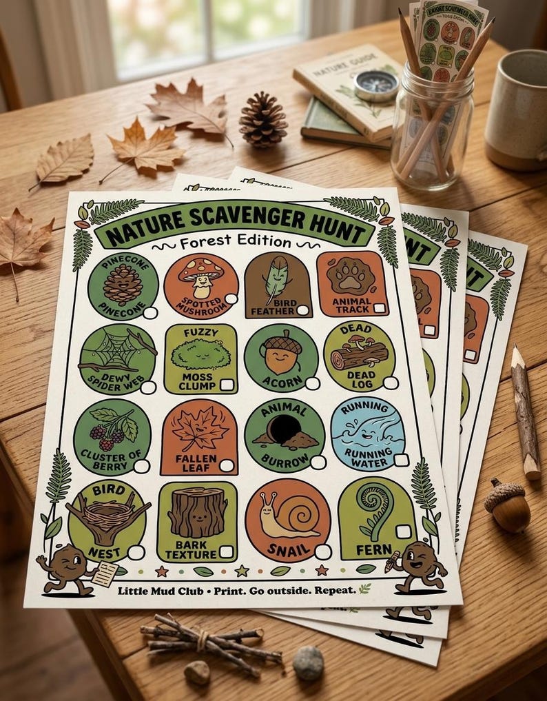 Puede incluir: Una hoja de actividades Nature Scavenger Hunt Forest Edition con una cuadr&iacute;cula de diecis&eacute;is elementos ilustrados para encontrar, incluyendo una pi&ntilde;a, seta, pluma, huella animal, telara&ntilde;a, musgo, bellota, tronco, bayas, hoja, madriguera, agua, nido, corteza, caracol y helecho.