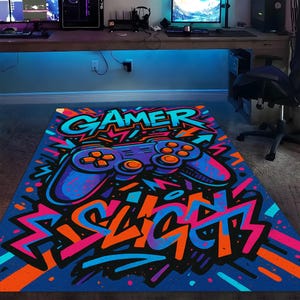 Graffiti Controller Gamer Rug: Neon Gaming Room Decor Carpet