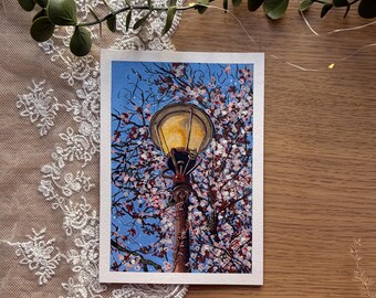 Original Gouache Painting | Cherry Blossoms & Street Lamp | OOAK | 10.5 x 15 cm