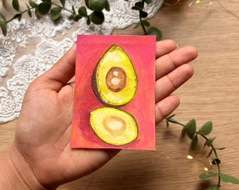 Avocado ACEO Original Gemälde | Mini Essen Kunst | Gouache Kunstwerk | Kleines Sammlerstück | Küchen Dekor