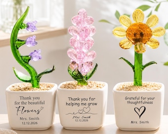 Personalized Glass Flower Plant Pot, Crystal Bloom Planter, Teacher Appreciation Gift, Handmade Flower Vase, Thank You Gift For Teacher