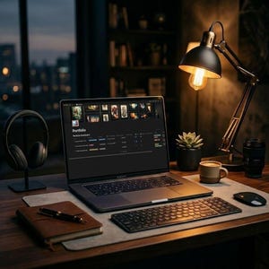 Könnte beinhalten: Ein moderner Arbeitsplatz mit einem Laptop, der ein Portfolio-Dashboard anzeigt, einer kabellosen Tastatur und einer Maus. Eine Schreibtischlampe beleuchtet die Szene, zusammen mit einer Kaffeetasse, einer Sukkulente und Kopfhörern. Ein ledergebundenes Notizbuch und ein Stift sind ebenfalls vorhanden.