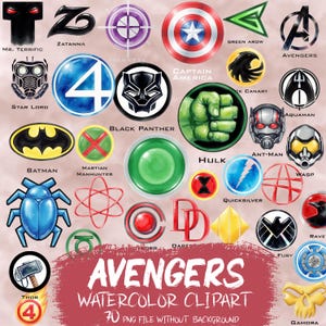 Peut inclure: Ensemble de cliparts aquarelle avec des logos et symboles de super-héros. Comprend des logos pour Captain America, Batman, Hulk et les Avengers. Le texte "AVENGERS WATERCOLOR CLIPART" est également présent.