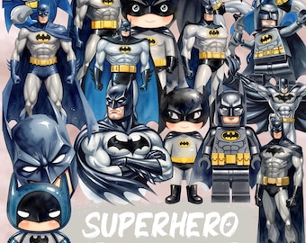 Zestaw akwareli Bat Hero png, 31 Batmenów Clipart, Logo Batmen PNG, Chibi Batmen PNG, Mroczny Rycerz PNG, 300 dpi do natychmiastowego pobrania, Batmen