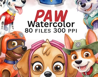 May include: A digital collection of Paw Patrol character illustrations in a watercolor style, featuring Marshall, Everest, Zuma, Skye, and Tracker. The text reads PAW Watercolor 80 FILES 300 PPI, centered below a blue and yellow star-shaped badge.