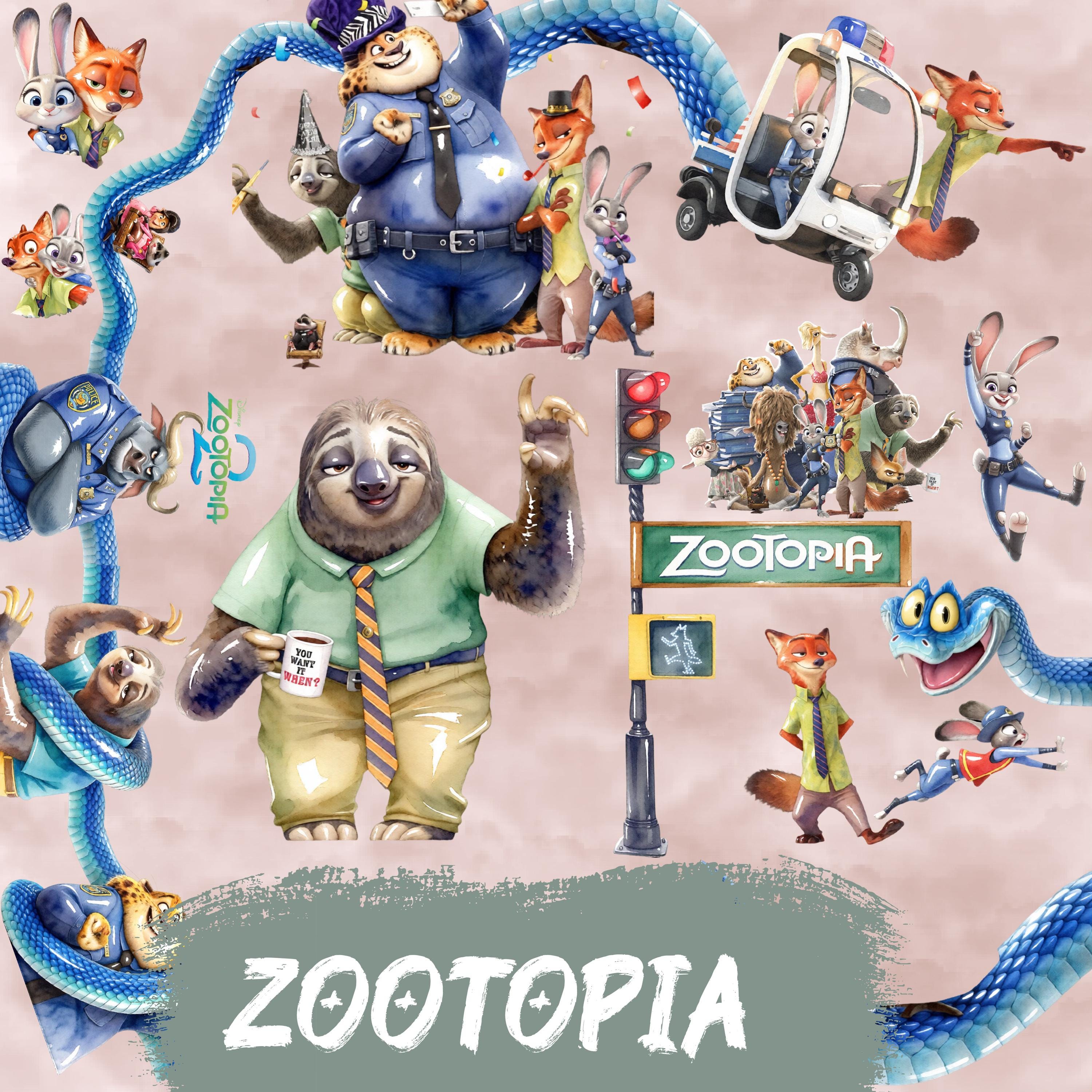 Zootopia 2 Watercolor PNG Bundle 50 Files, Judy Hopps Nick Wilde Flash ...