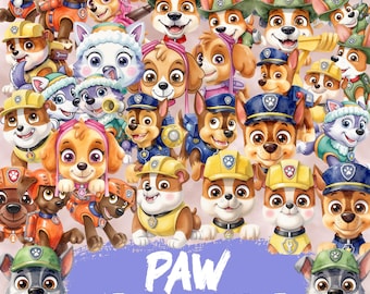 May include: A vibrant watercolor clipart featuring numerous cartoon dog characters from the Paw Patrol series. The dogs are depicted in various uniforms and poses, with the text "PAW WATERCOLOR CLIPART" and "70 PNG FILE WITHOUT BACKGROUND" on a purple background.