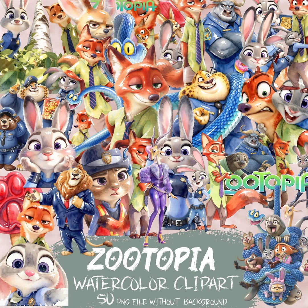 Zootopia 2 Watercolor PNG Bundle 50 Files, Judy Hopps Nick Wilde Flash ...