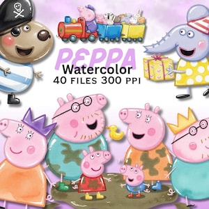 May include: A digital collection of Peppa Pig watercolour illustrations featuring various characters, a colourful train with animal passengers, and a gift box. The text reads PEPPA Watercolour 40 FILES 300 PPI, showcasing multiple cartoon figures.