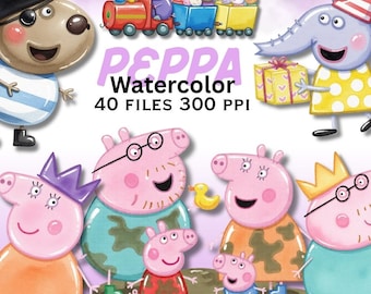 Pakiet 37 plików PNG z akwarelami Peppy, pakiet clipartów z tatą i mamą świnką Peppa George, słodka rodzina z kreskówek PNG, pliki z przezroczystym tłem