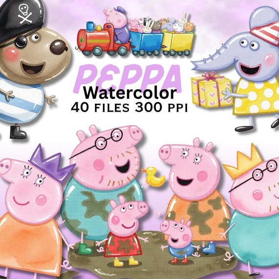 Peppa Watercolor PNG Bundle 37 Files, Peppa George Daddy Mommy Pig Clipart Pack, Cute Cartoon Family PNG, Transparent Background Files