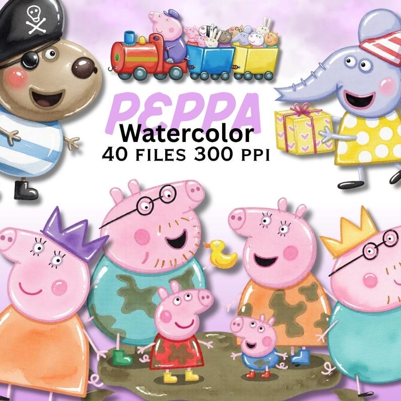 May include: A digital collection of Peppa Pig watercolour illustrations featuring various characters, a colourful train with animal passengers, and a gift box. The text reads PEPPA Watercolour 40 FILES 300 PPI, showcasing multiple cartoon figures.