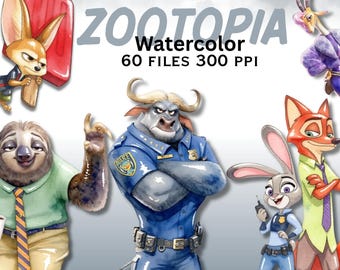 Zootopia 2 Watercolor PNG Bundle 60 Files, Judy Hopps Nick Wilde Flash ...